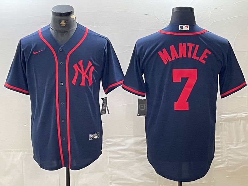 Men New York Yankees 7 Mantle Blue Third generation joint name Nike 2024 MLB Jersey style 1